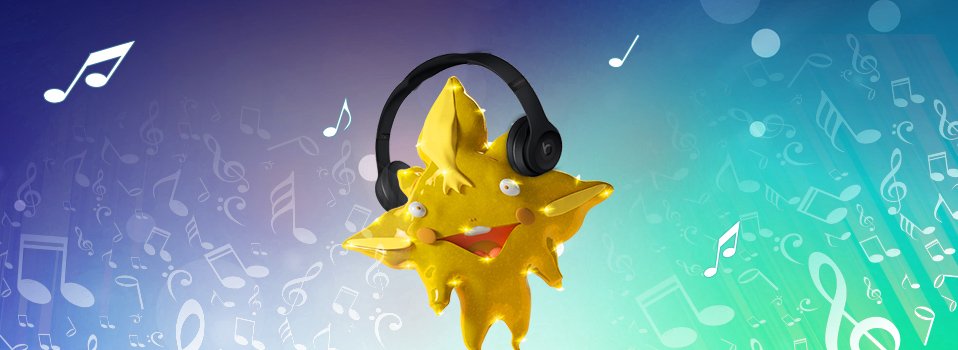 Gelbe Kreatur mit Kopfhörern umgeben von Musiknoten